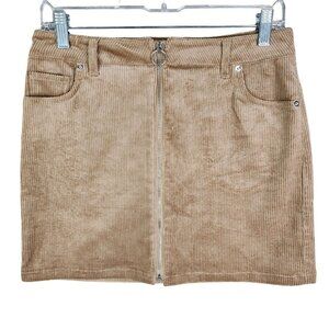 Womens Beige Love Tree Mini Skirt Corduroy Ribbed Front Zip Size M Medium